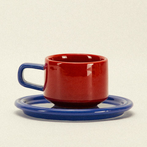 Spill the Tea Cup and Saucer - Red and Blue - Dennis Did It