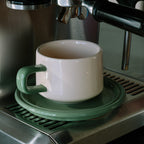 ceramic cup and saucer - linen and olive colourway - Dennis Did It