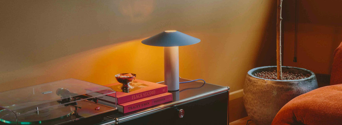 Hoist Lamp in brushed metal on a USM Haller cabinet with books, plant and orange armchair - Dennis Did It
